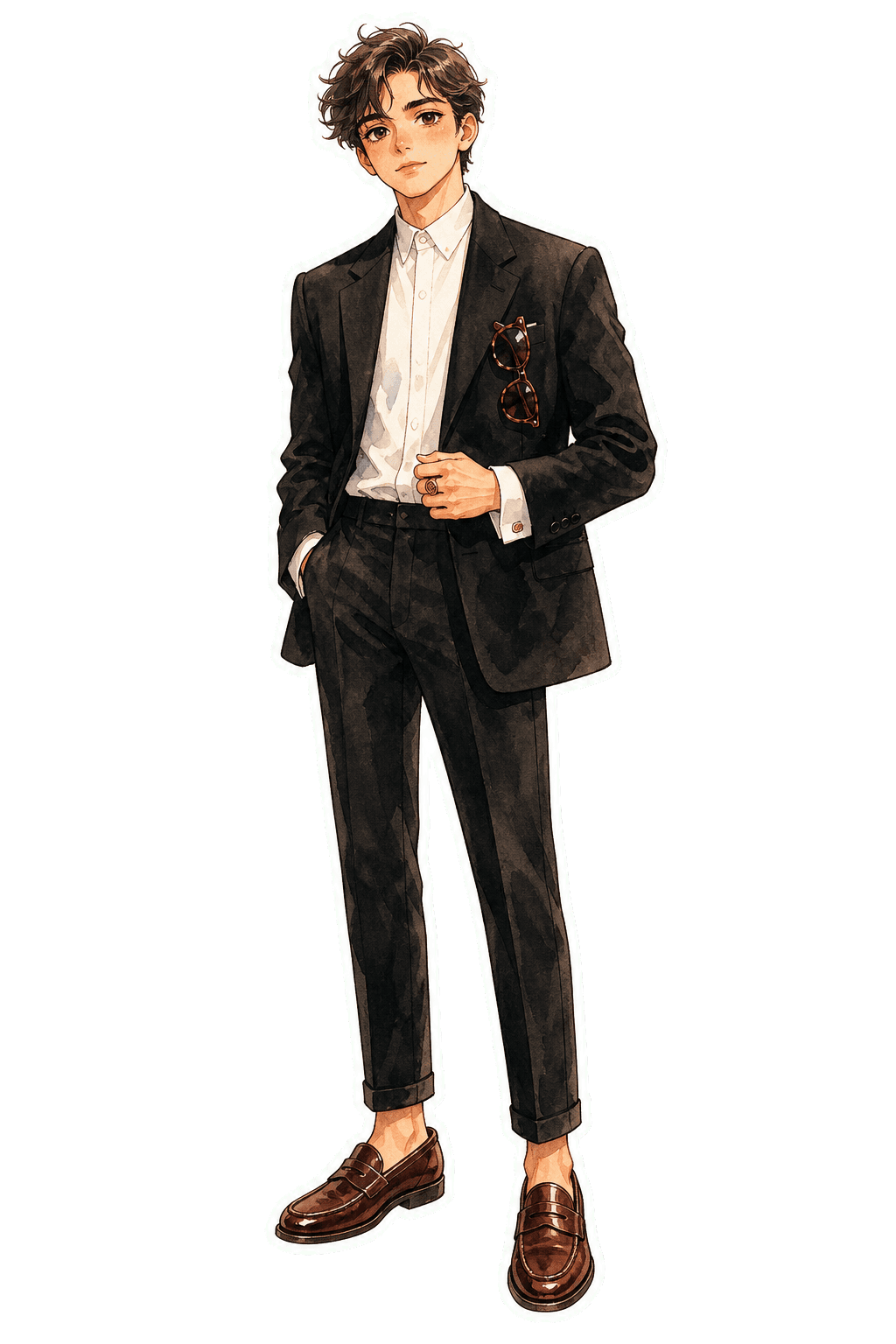 Put Together Library Scholar male recommended look with black blazer, white shirt, slim black trousers, oxblood loafers, tortoise sunglasses, and signet ring.