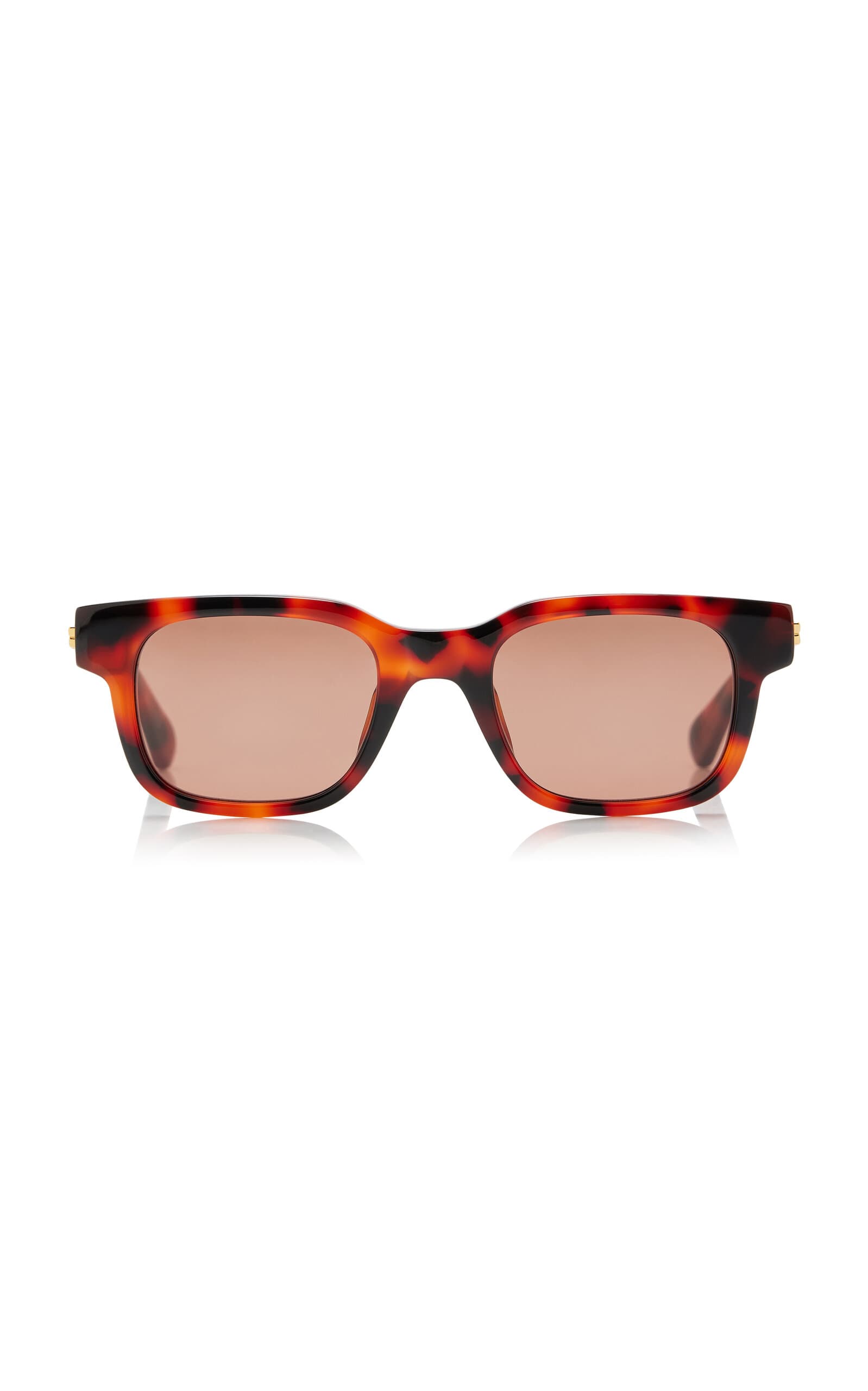 Bottega Veneta rectangular tortoise sunglasses photographed as a premium product image.