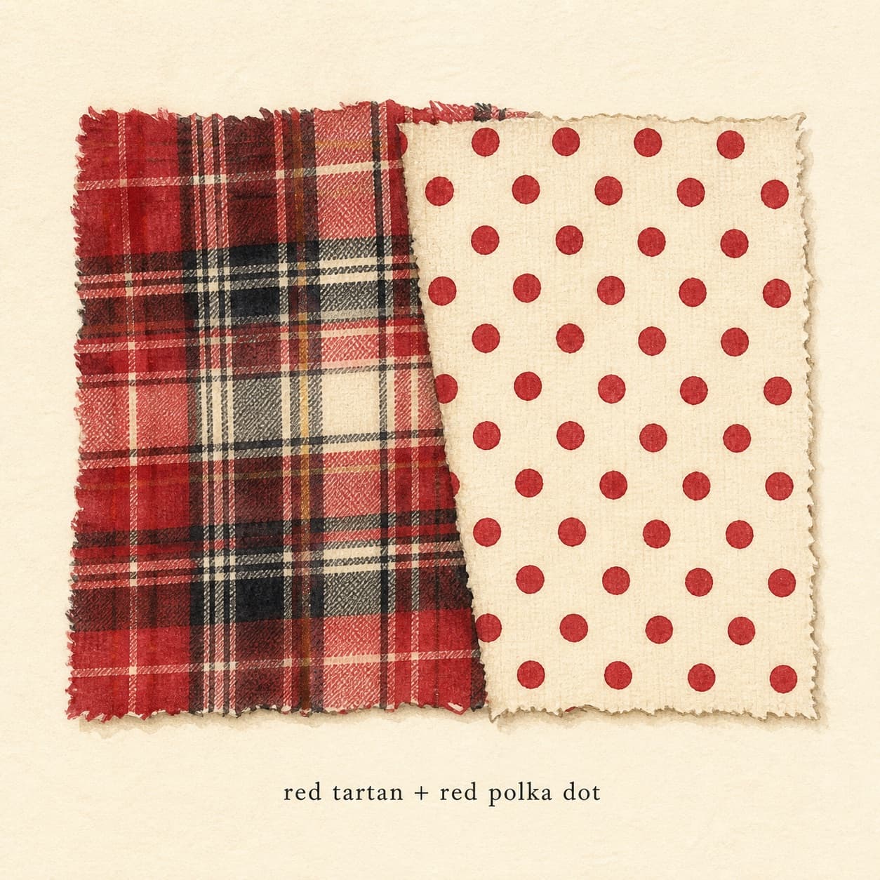 Red and cream tartan plaid paired with a red and cream polka dot swatch on cream paper.