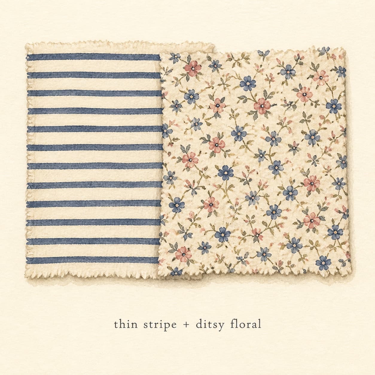 Thin navy + cream stripe paired with a small floral print on cream paper, sharing the cream + navy palette.