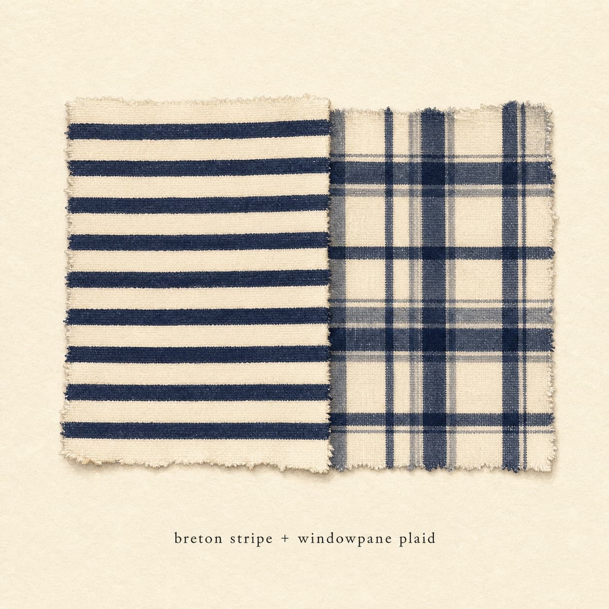 Breton stripe and windowpane plaid swatches in shared navy + cream colourway, overlapping on cream paper.