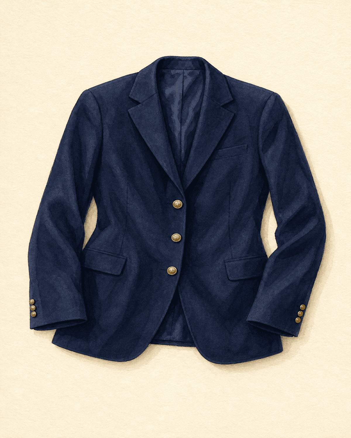 Tailored navy blazer with brass buttons and notch lapels, draped open on cream paper.