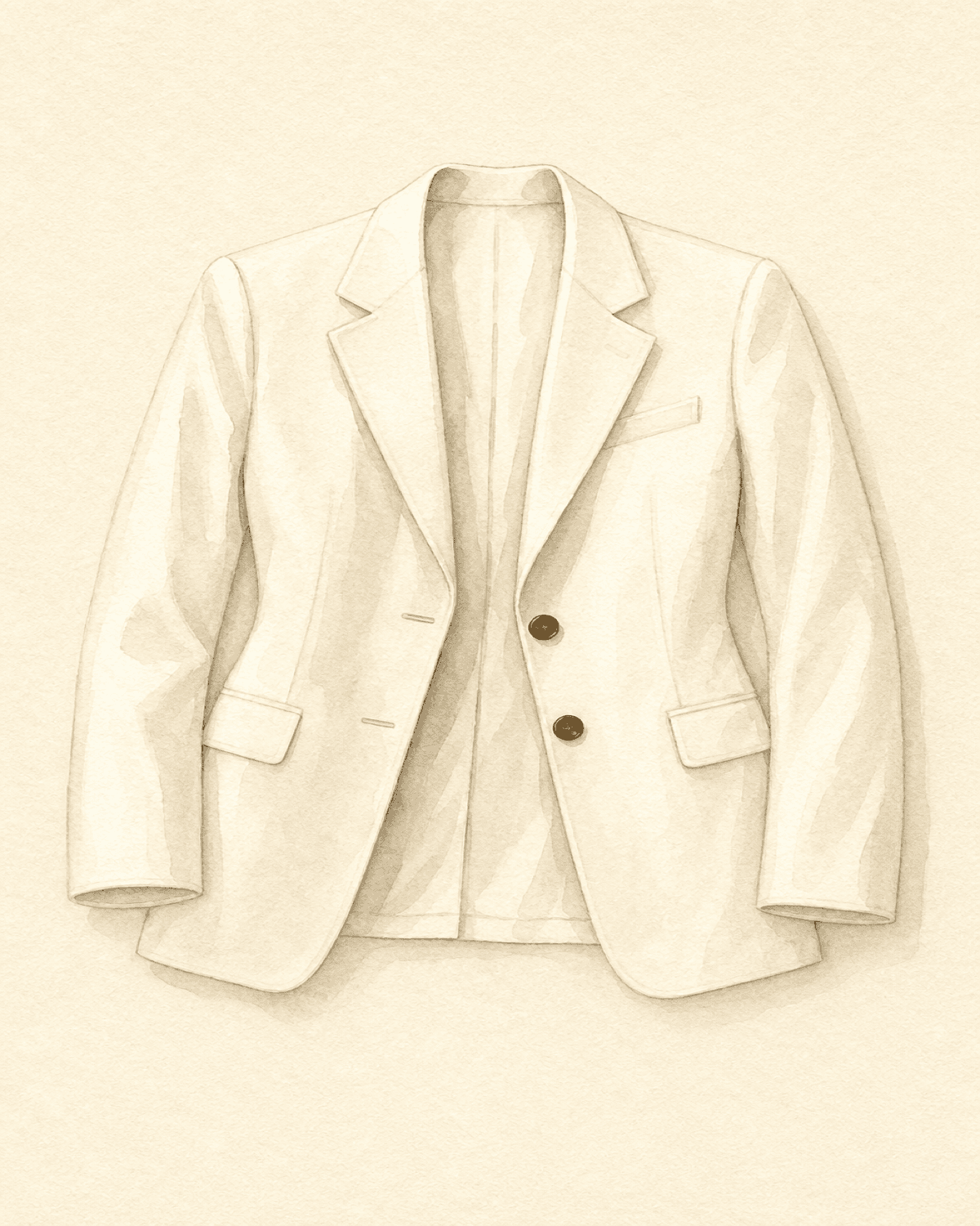 Tailored white blazer with notch lapels and structured shoulder, draped open on cream paper.