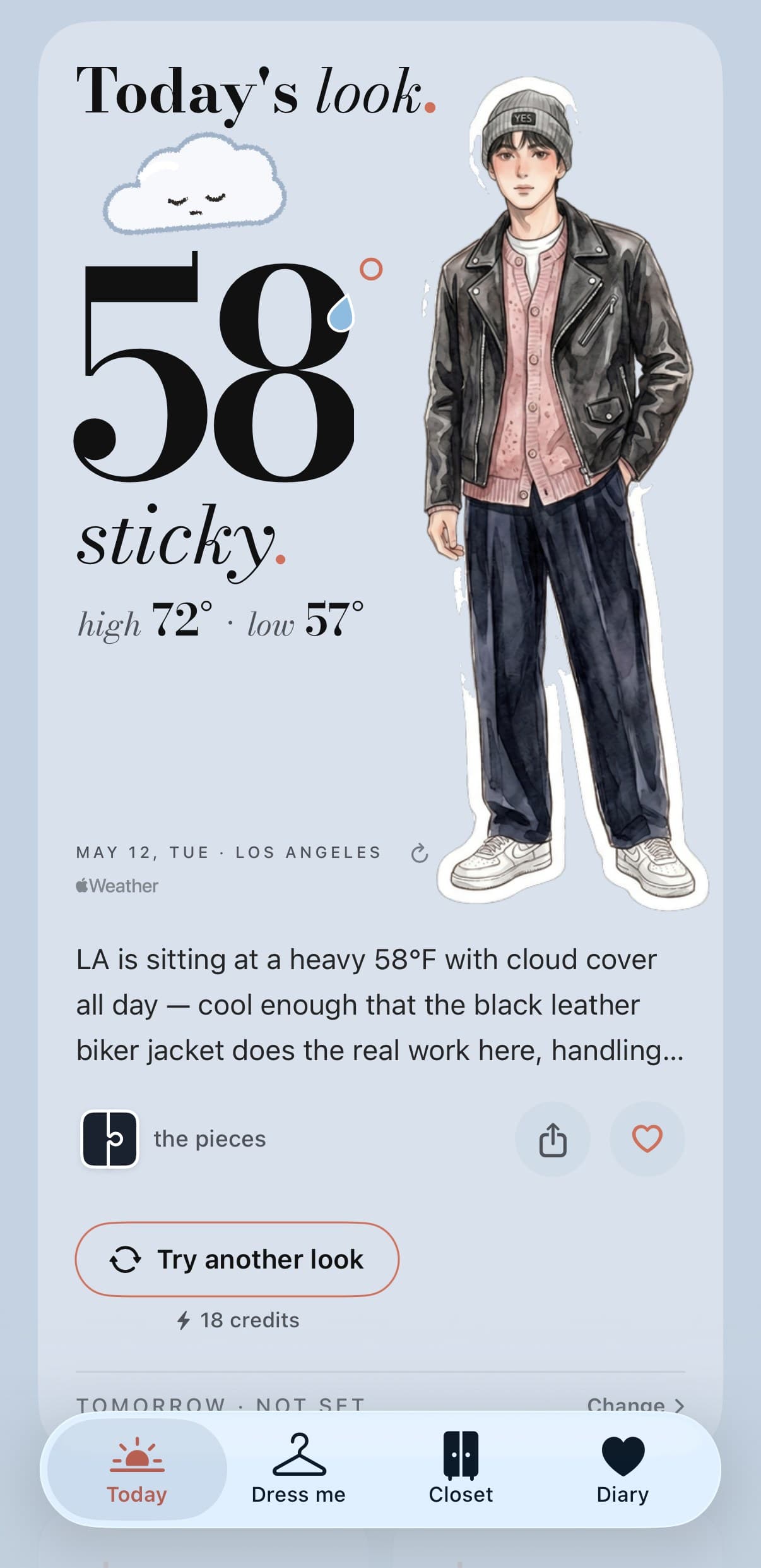 Today’s look on a mini-you: black leather jacket, pink cardigan, navy trousers and a grey beanie, Los Angeles, 12 May 2026.
