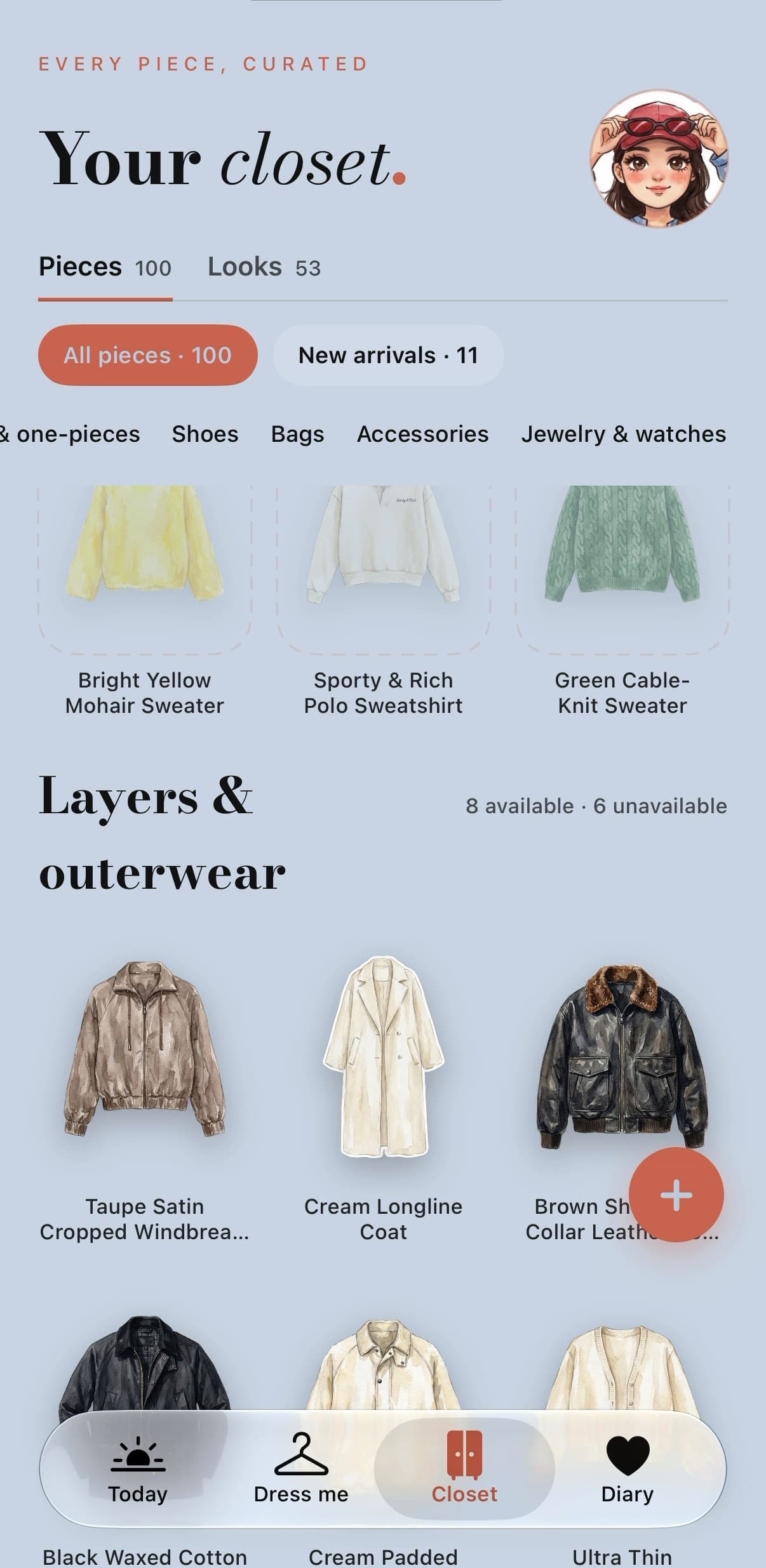 PutTogether’s real Closet screen, with illustrated knitwear and outerwear organized by category.
