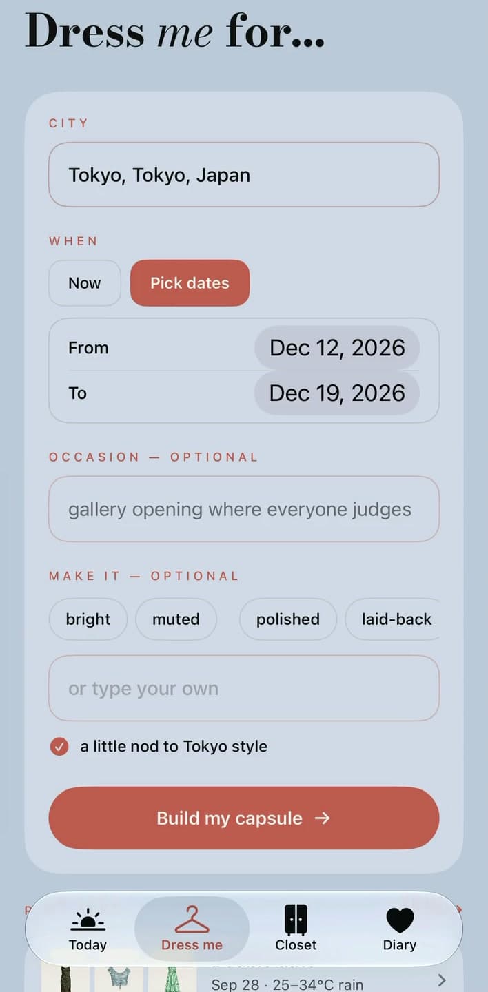 Dress me for Tokyo, with dates from 12 to 19 December 2026 and optional occasion and mood fields.