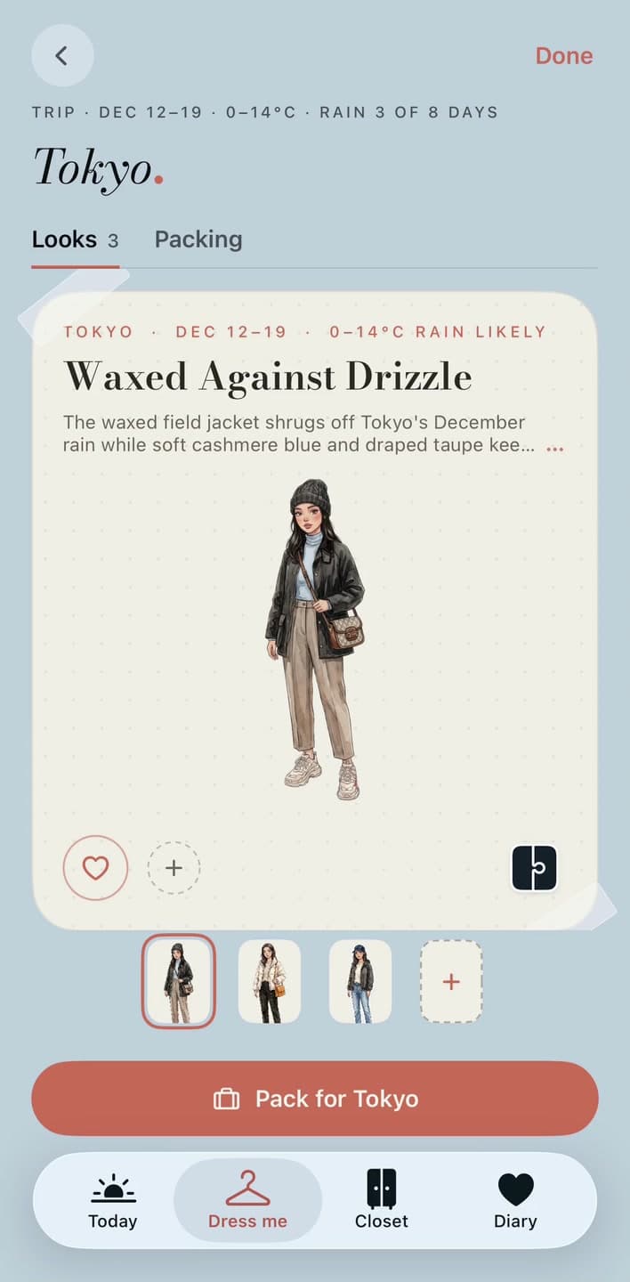Waxed Against Drizzle: a mini-you in a black field jacket, pale blue knit and taupe trousers.