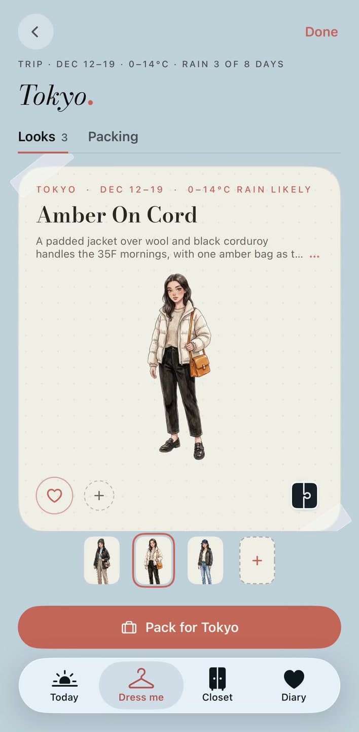 Amber On Cord: a mini-you in a cream padded jacket, dark corduroy trousers and an amber bag.