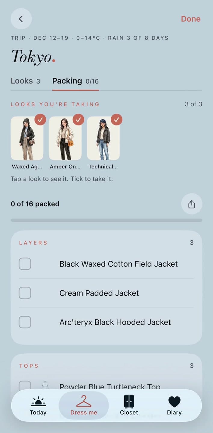 Packing for the same Tokyo trip, with all three looks selected and zero of 16 pieces packed.