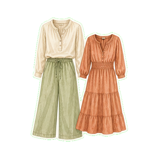 Lightweight cotton midi or linen wide-leg pant + cotton long-sleeve tunic