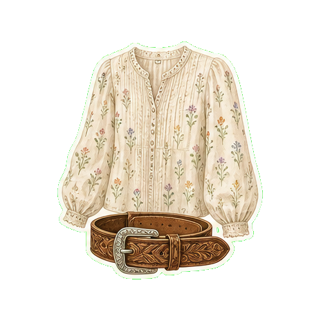 Pitkin County Dry Goods Western-prairie cotton blouse + Aspen-cowboy belt