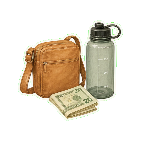 Crossbody bag + cash USD + reusable water bottle 1L + Aspen Music Festival ticket