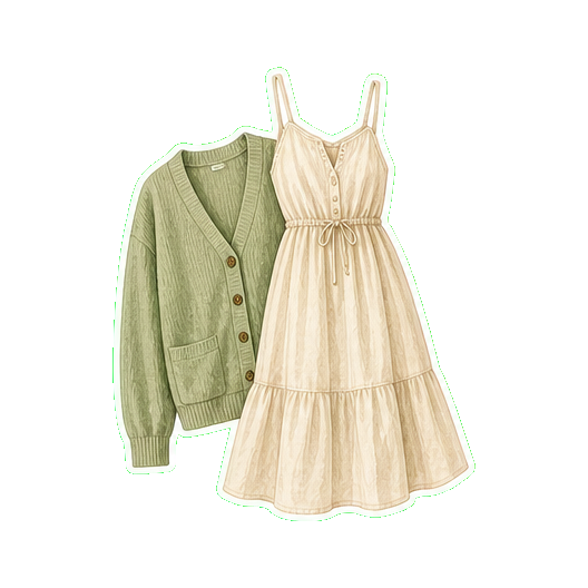 Lightweight cotton or linen midi sundress + lightweight cardigan
