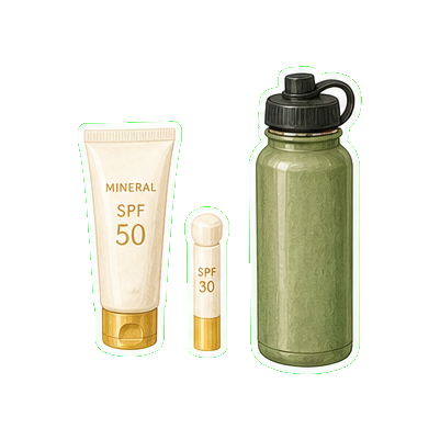 Mineral SPF 50 (Stream2Sea, Sun Bum Mineral, Thinksport) + wide-brim straw hat