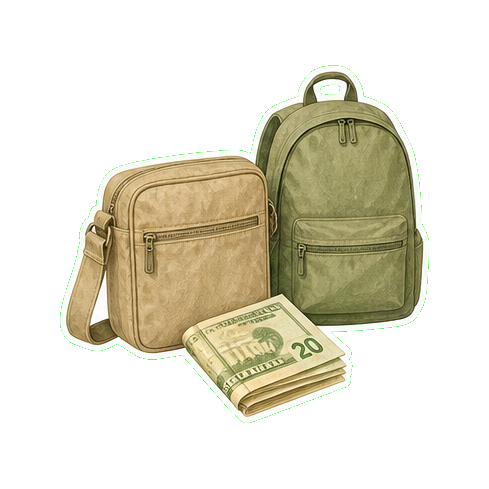 Crossbody bag + reusable water bottle 1L + cash USD