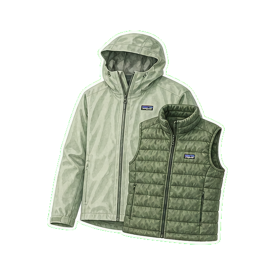 Patagonia Houdini packable rain shell + Patagonia Nano Puff vest underneath