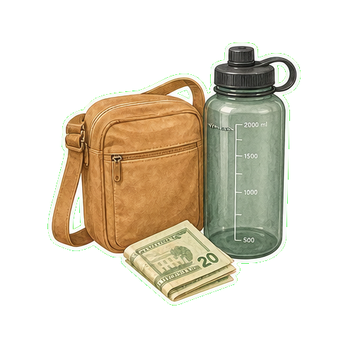 Crossbody bag + reusable water bottle 2L + cash USD