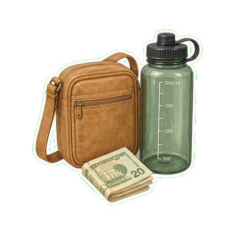 Crossbody bag + reusable water bottle 1L + cash USD + lightweight wool gloves