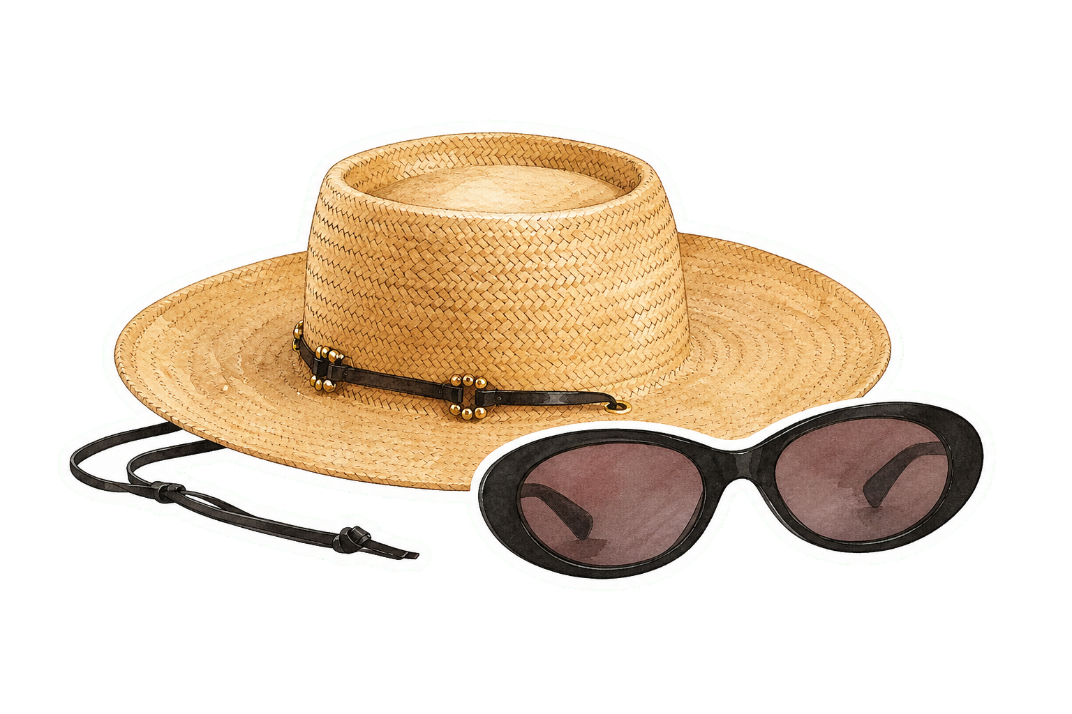 Wide-Brim Straw Hat And Sunglasses