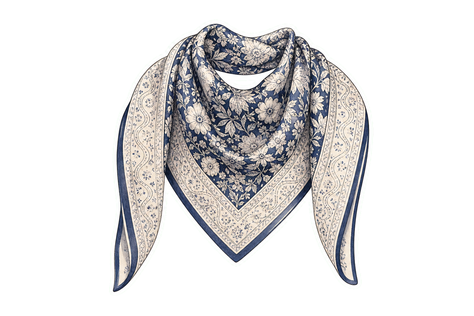 Cream Navy Silk Scarf