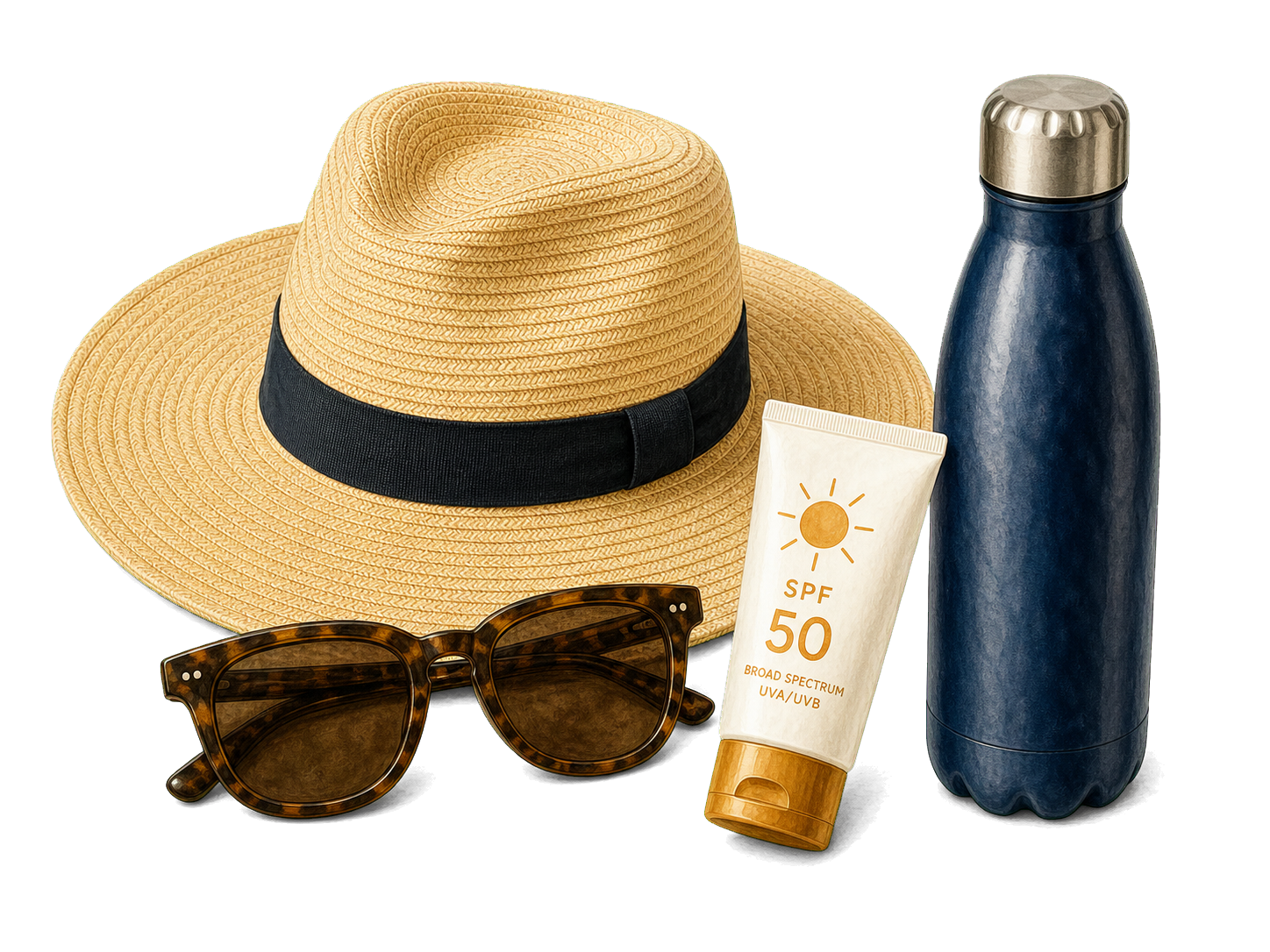 Sun Hat Sunglasses SPF And Bottle