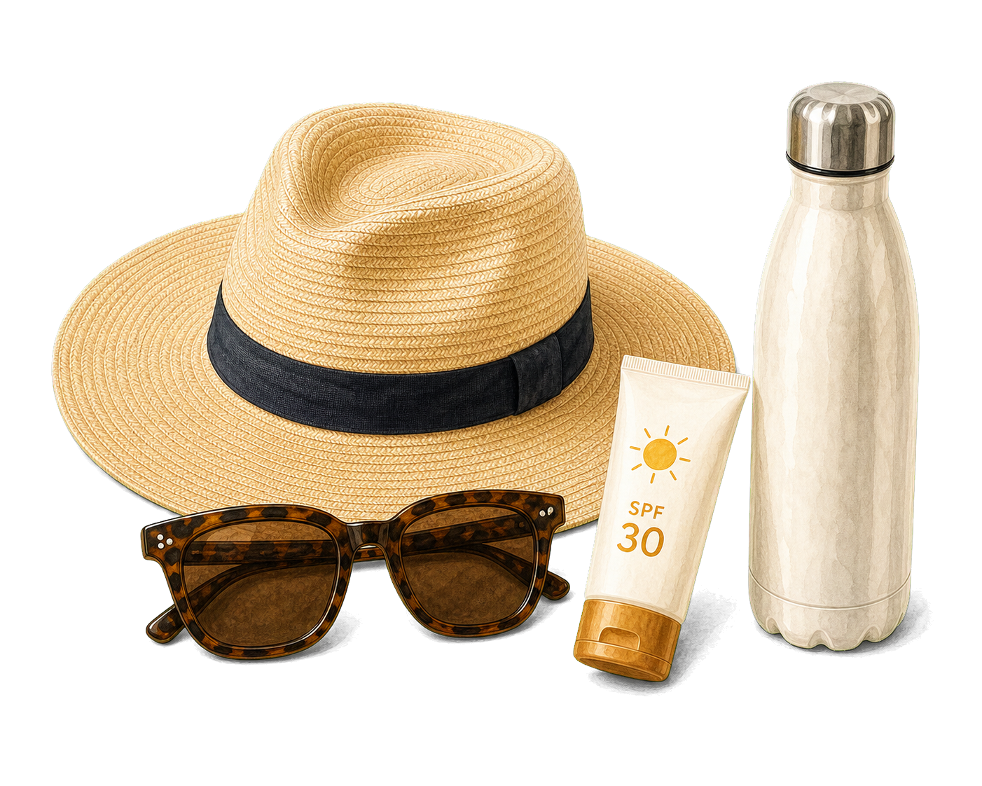 Sun Hat Sunglasses SPF And Bottle