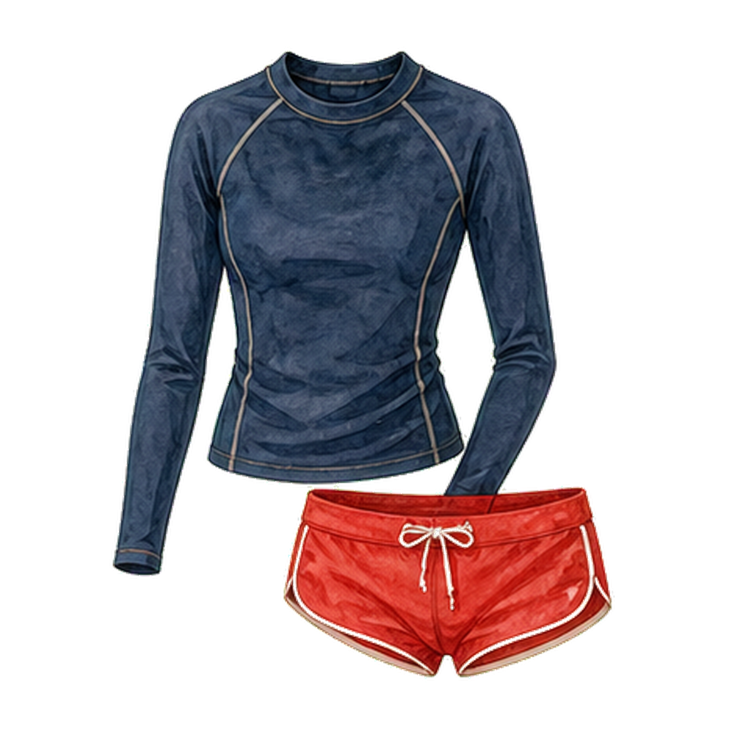 Ocean Rashguard and Red Board Shorts