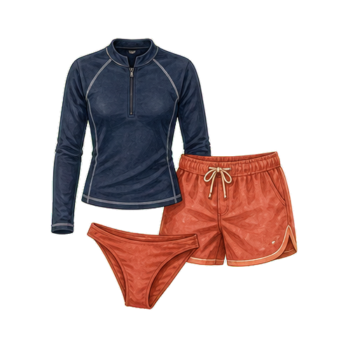 Navy Rashguard and Rust Board Shorts