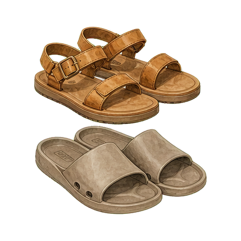 Tan Sandals and Rubber Slides