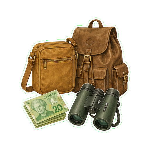 Crossbody bag + cash CAD + binoculars + Roots leather backpack