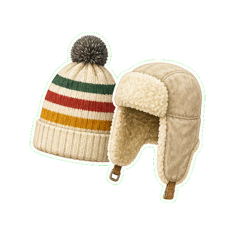 Hudson's Bay point-blanket toque + Pajar shearling trapper hat