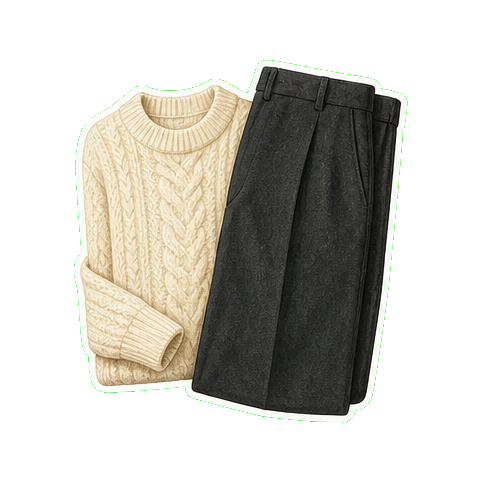 Roots cashmere knit + dark wool wide-leg trouser