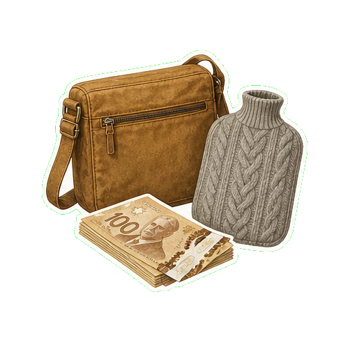Crossbody bag + reusable hot water bottle 1L + cash CAD
