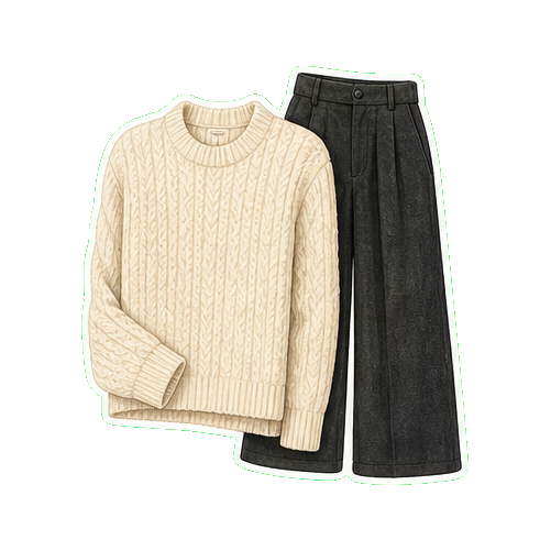 Roots cashmere knit + dark wool wide-leg trouser