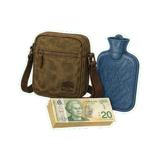 Crossbody bag + reusable hot water bottle 1L + cash CAD