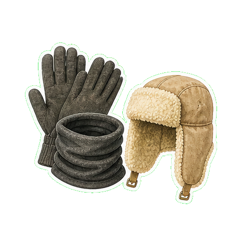 Lightweight wool gloves + Smartwool merino buff + Pajar shearling trapper hat (alternative to wide-brim)