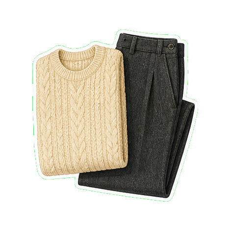 Roots cashmere knit + dark wool wide-leg trouser