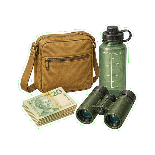 Crossbody bag + reusable water bottle 1L + cash CAD + binoculars