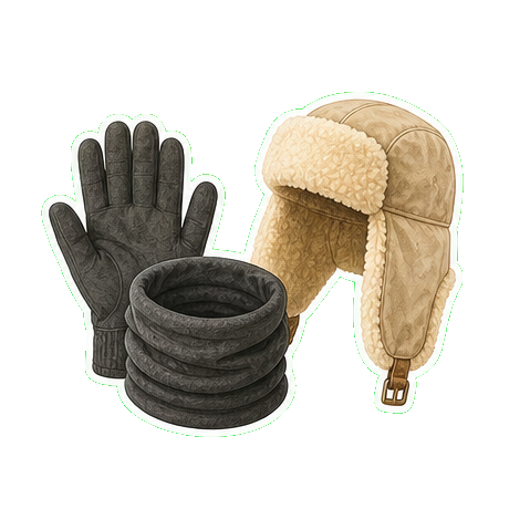 Lightweight wool gloves + Smartwool merino buff + Pajar shearling trapper hat (alternative to wide-brim)