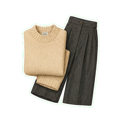 Roots cashmere knit + dark wool wide-leg trouser