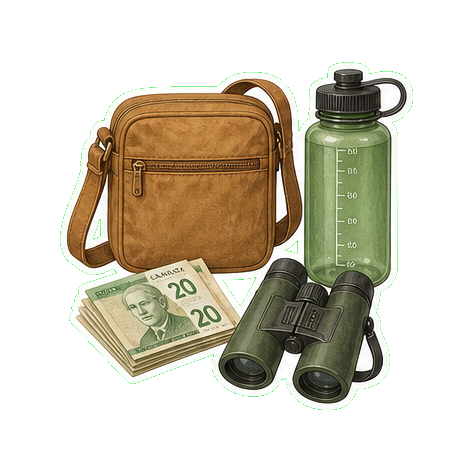 Crossbody bag + reusable water bottle 1L + cash CAD + binoculars