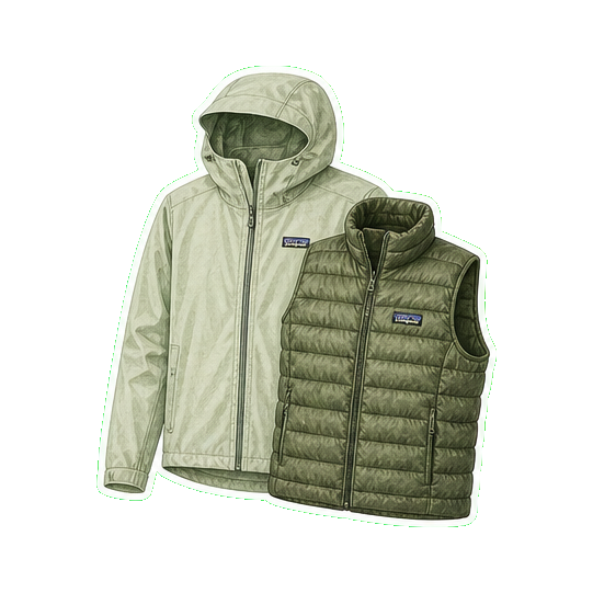 Patagonia Houdini packable rain shell + Patagonia Nano Puff vest underneath