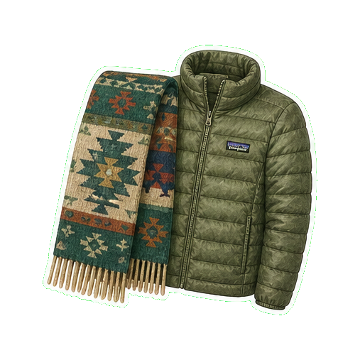 Pendleton wool blanket scarf + Stio Hometown Down jacket