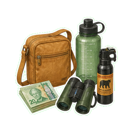 Crossbody bag + cash CAD + reusable water bottle 1L + binoculars + bear spray