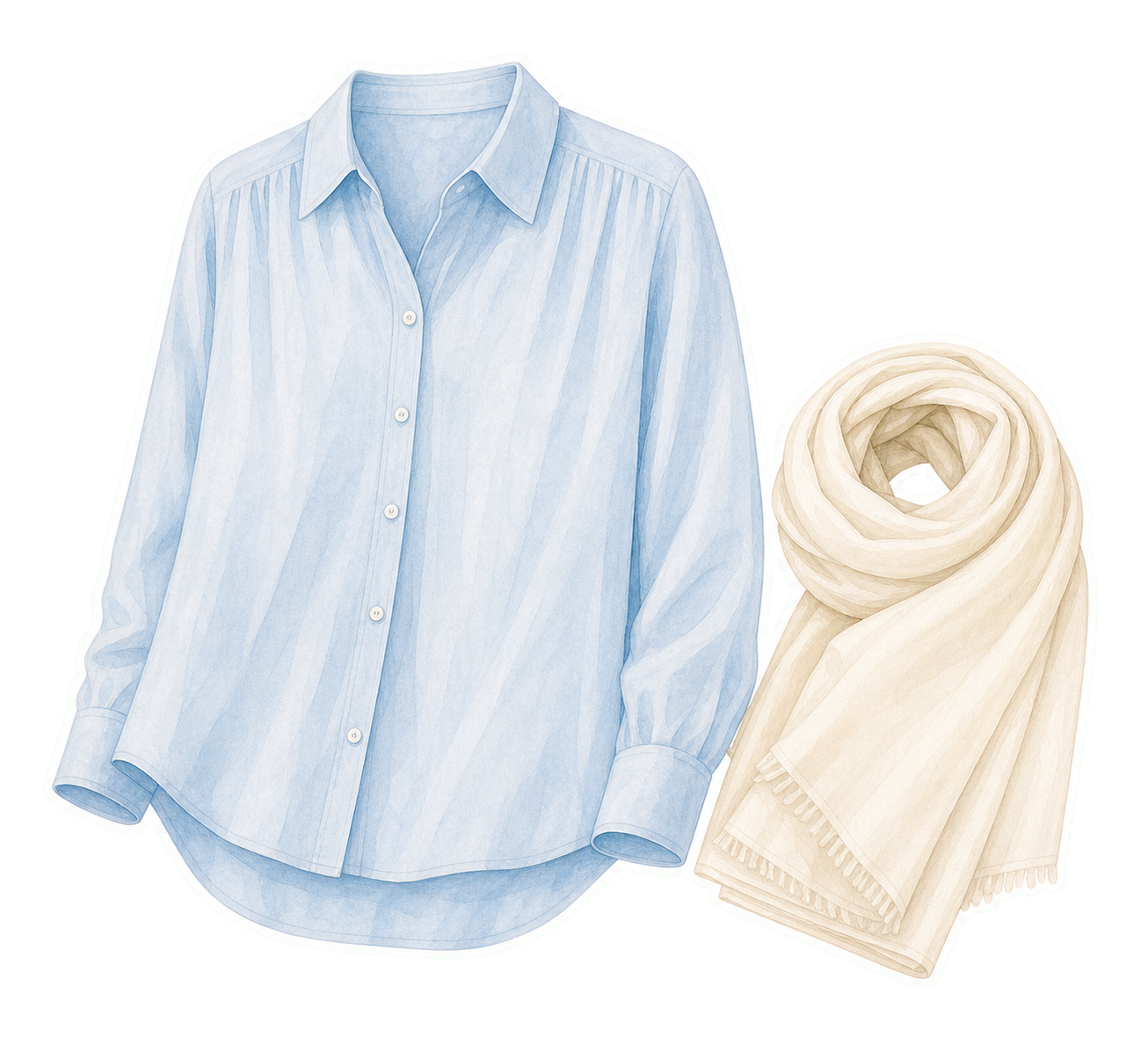Blue Cotton Blouse And Ivory Scarf