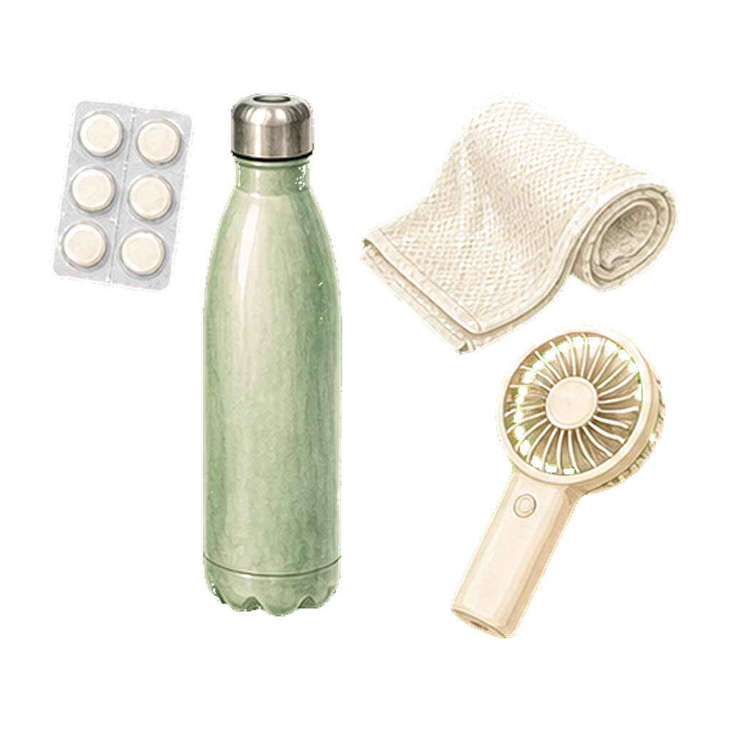 Electrolyte tabs + insulated bottle + cooling towel + portable fan