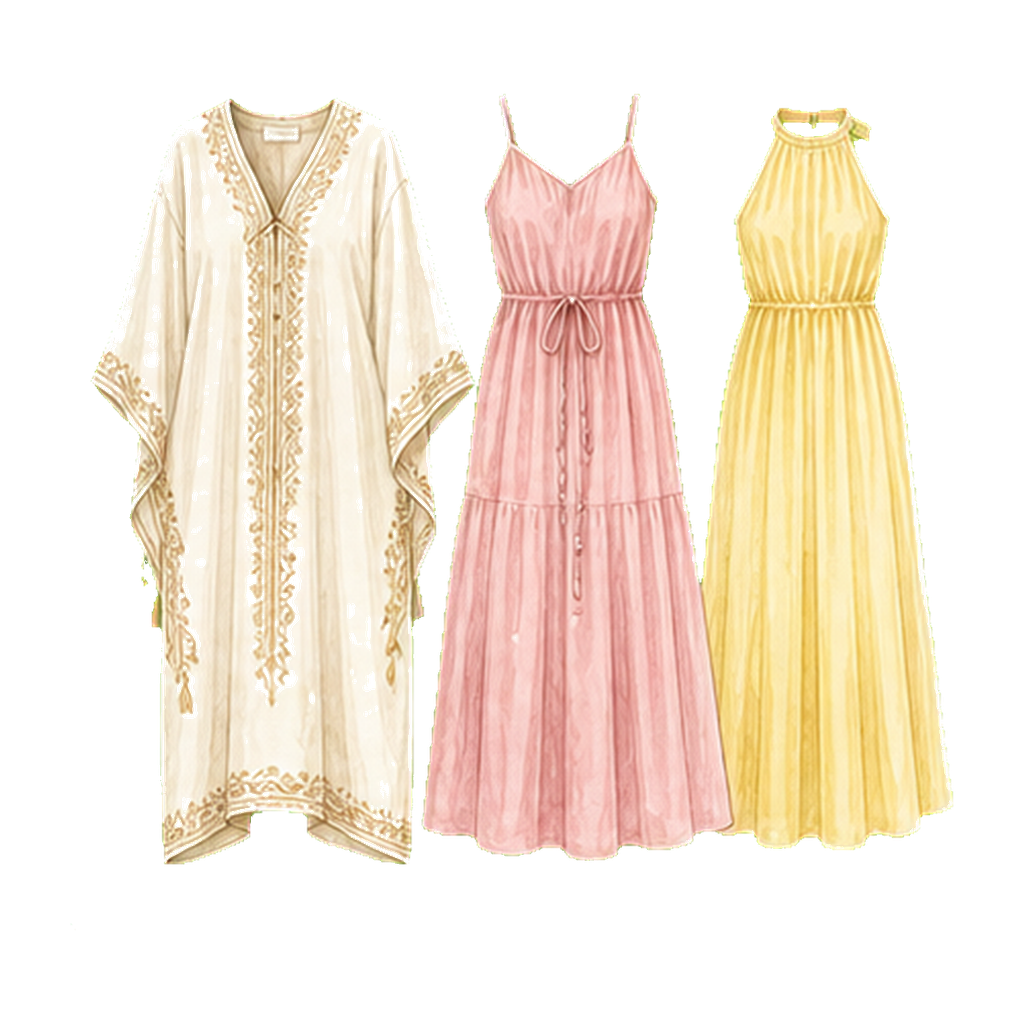Kaftan + 2 maxi dresses (bright reflective colors)