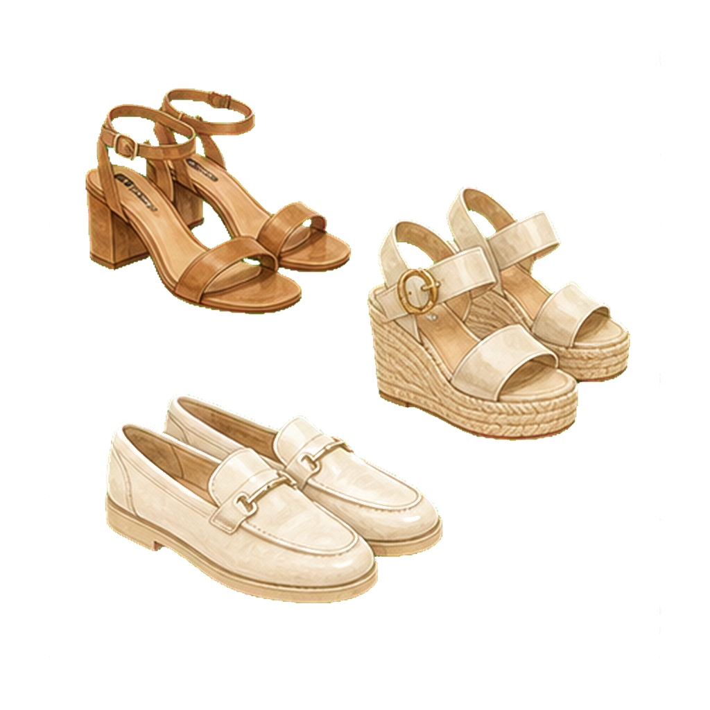 Block-heel sandals + wedges + closed-toe loafer