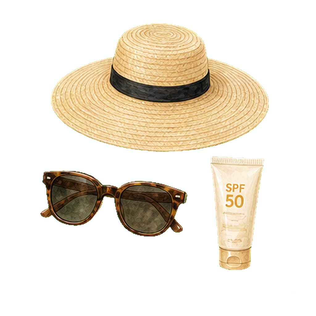 Wide-brim hat + UV400 sunglasses + SPF 50 mineral