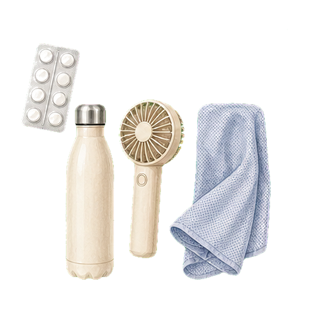 Electrolyte tabs + insulated bottle + portable fan + cooling towel